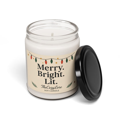 Merry Bright Lit Holiday Soy Candle Christmas Decor Jar, Winter Scented Gift for Home