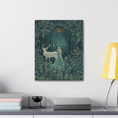 Enchanted Forest Stag & Maiden Canvas Wall Art Mystical Woodland Nature Lover Home Décor