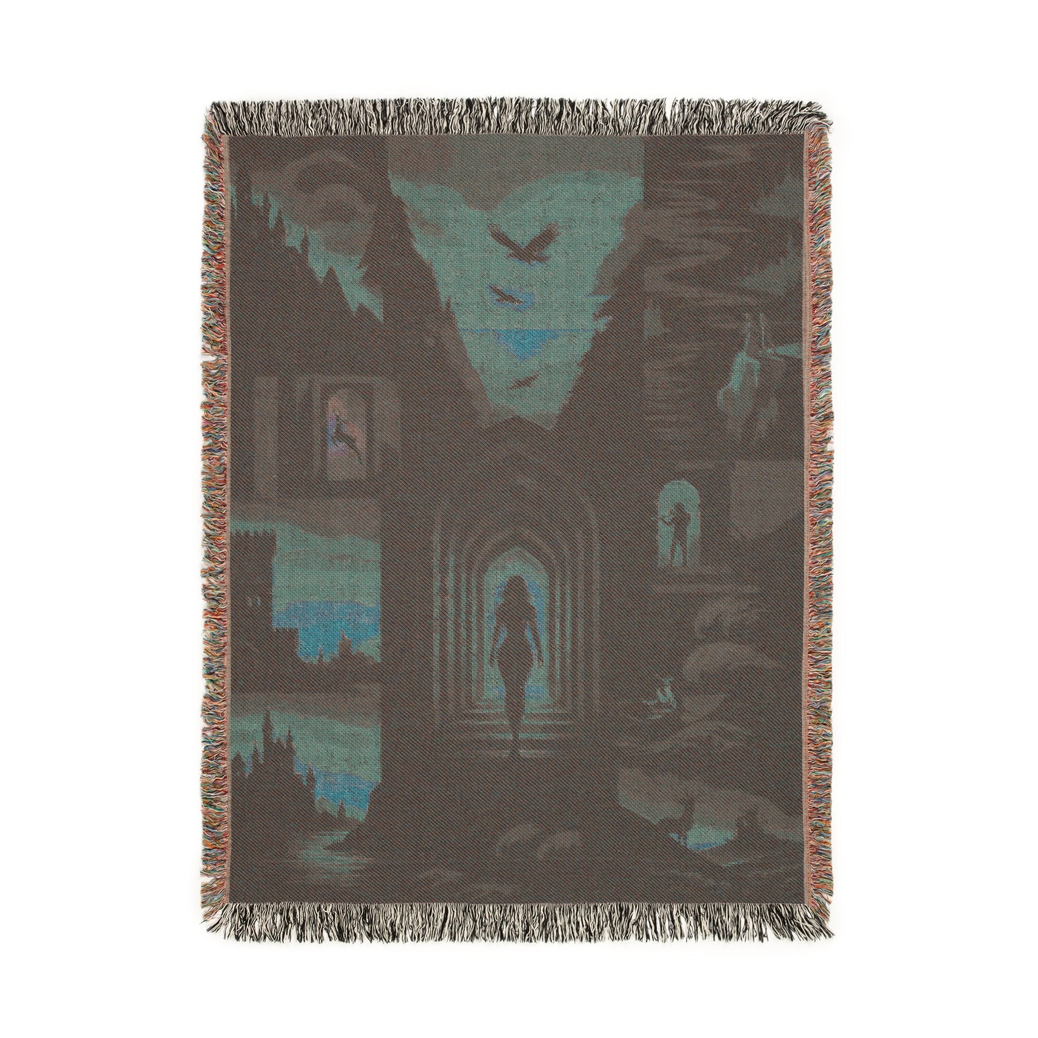 Aelin inspired woven throw blanket gift, Fireheart blanket for book clubs and fandom swaps, romantasy fandom blanket for birthdays and holidays, dragon and castle woven tapestry blanket, cozy bookish woven throw collectible gift