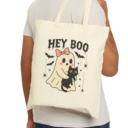 Cute Ghost & Black Cat Halloween Tote Bag | Fall Canvas Bag for Her | Reusable Trick-or-Treat Shopper