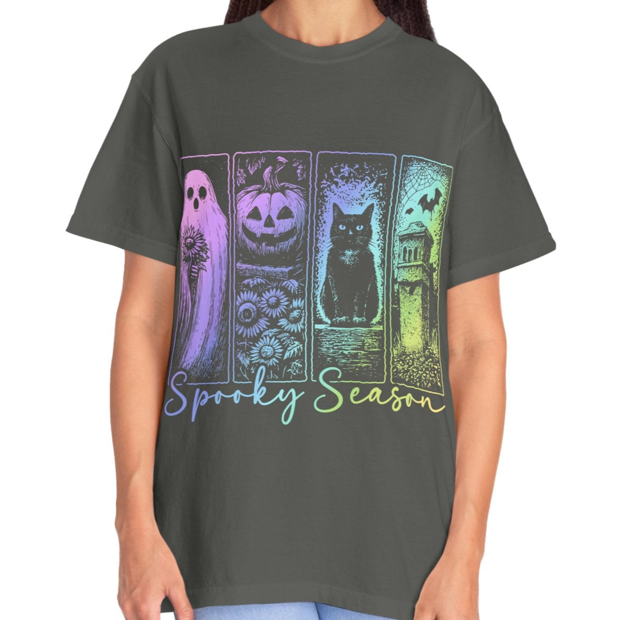 Spooky Season Halloween Shirt for Women Ghost Cat Pumpkin Tee – Cute Fall Aesthetic Witchy Graphic T-Shirt