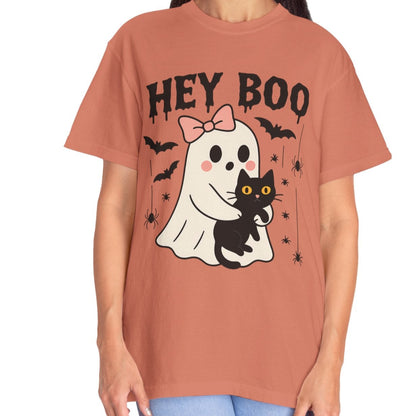 Hey Boo Ghost Shirt with Cat | Cute Halloween Tee for Women | Pastel Spooky Season Fall T-Shirt
