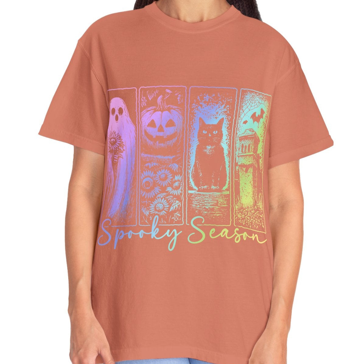 Spooky Season Halloween Shirt for Women Ghost Cat Pumpkin Tee – Cute Fall Aesthetic Witchy Graphic T-Shirt