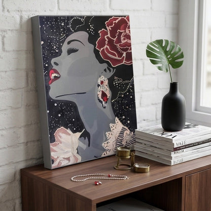 high end music lover wall decor with detailed pearl accents, best Billie Holiday canvas portrait for living room decor, premium jazz singer wall art gift for her