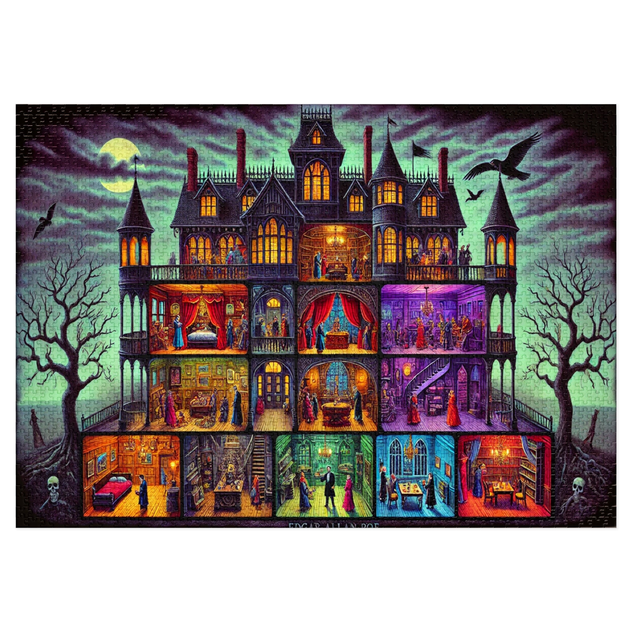 Edgar Allan Poe Haunted Mansion Puzzle | Gothic Macabre Jigsaw for Adults | Spooky Raven Art Gift
