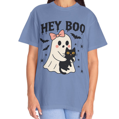 Hey Boo Ghost Shirt with Cat | Cute Halloween Tee for Women | Pastel Spooky Season Fall T-Shirt