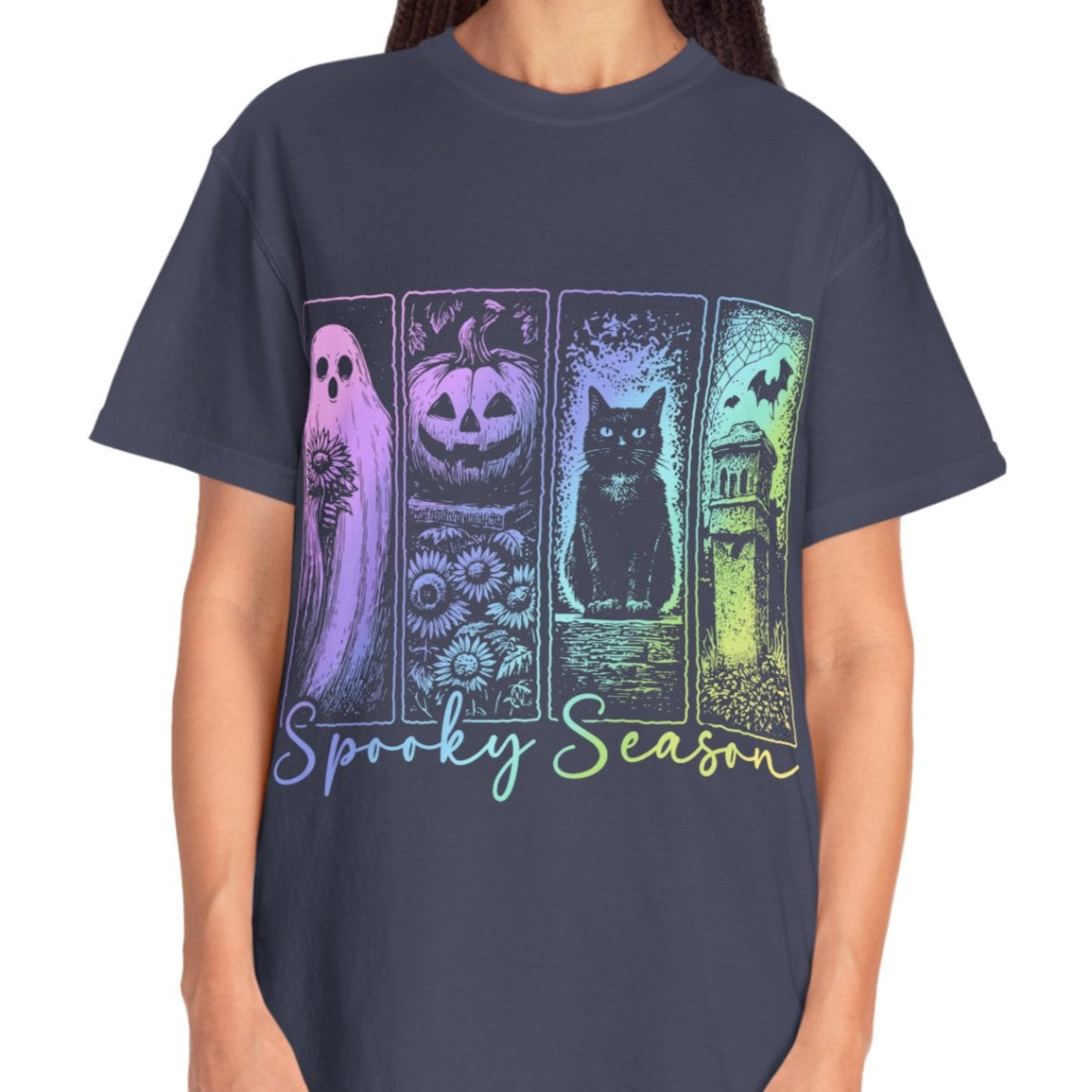Spooky Season Halloween Shirt for Women Ghost Cat Pumpkin Tee – Cute Fall Aesthetic Witchy Graphic T-Shirt