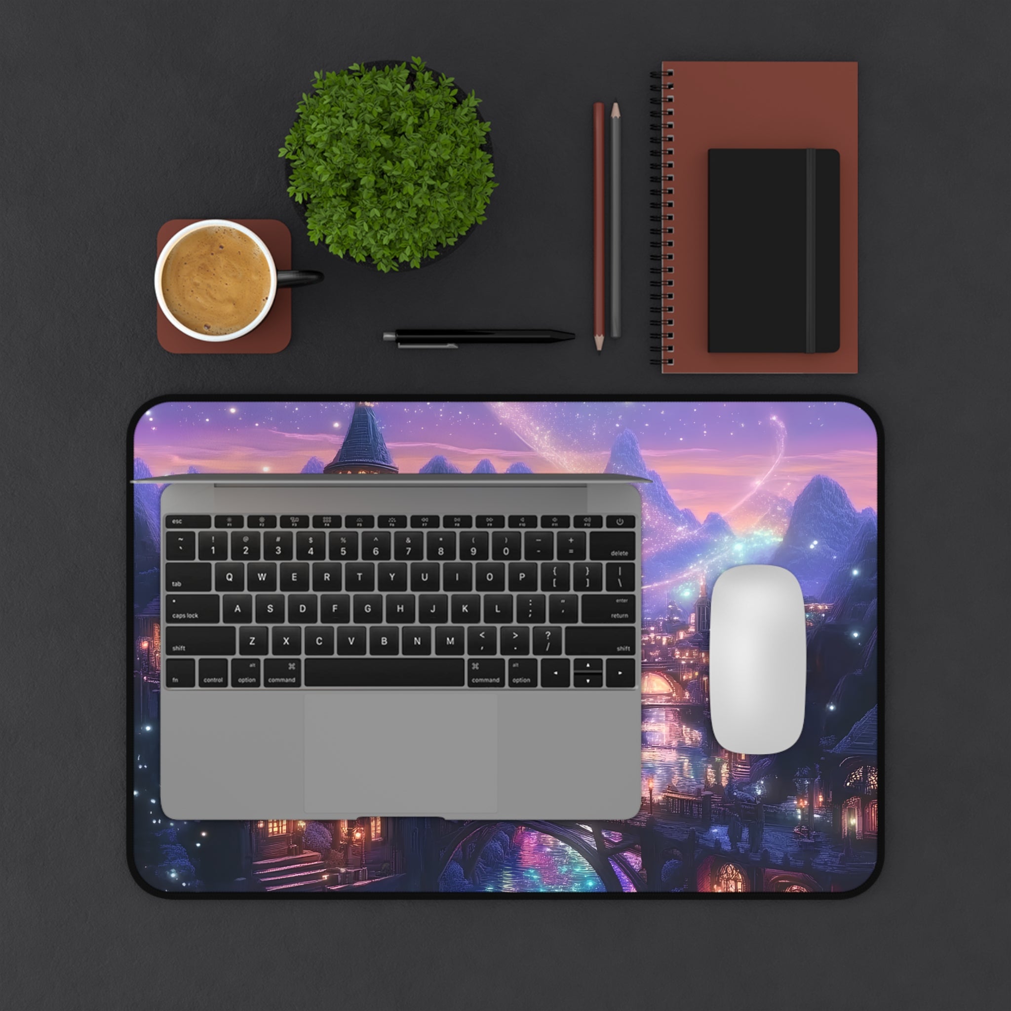dreamy rainbow desk mat with magical fantasy artwork for book lovers