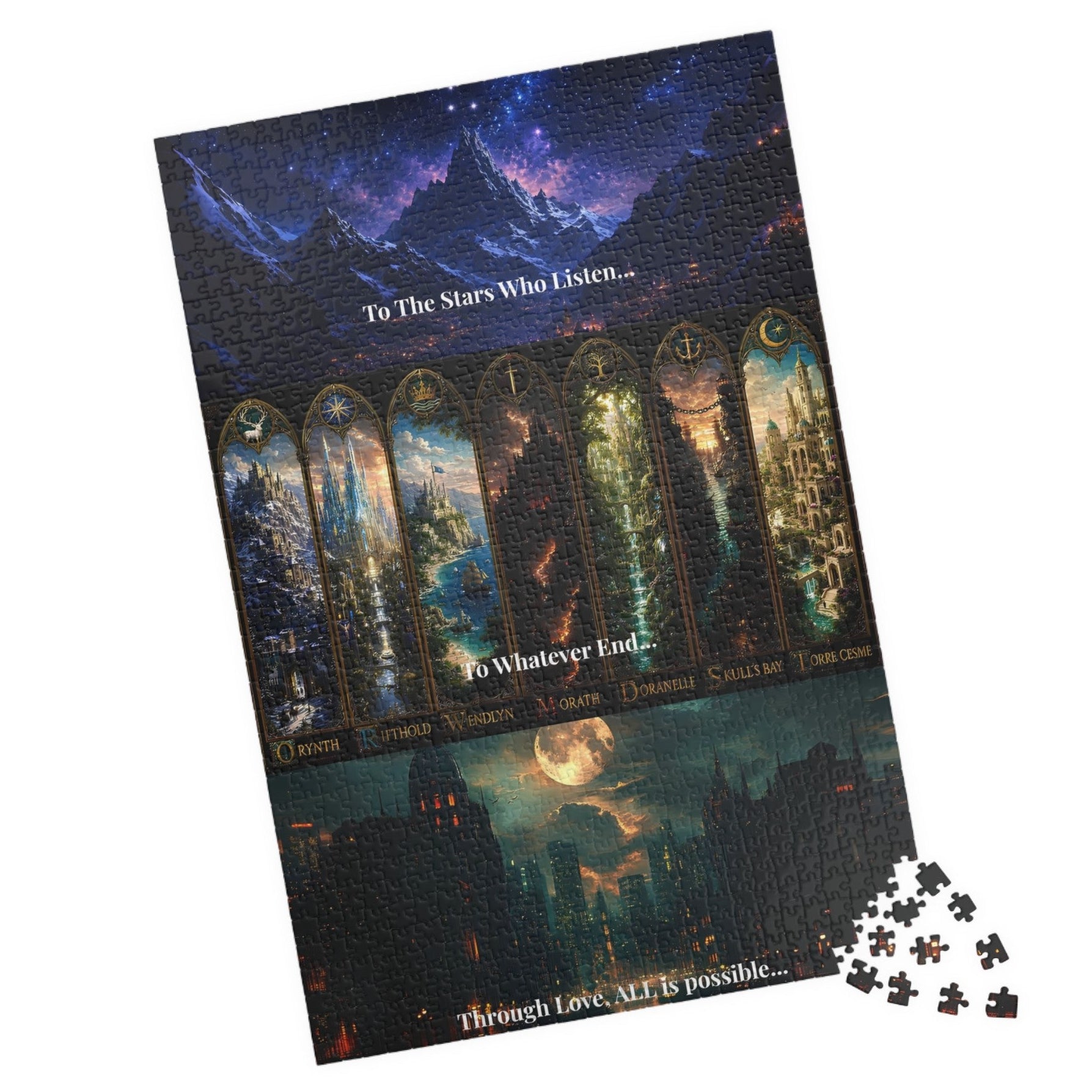 A jigsaw puzzle package shown at an angle on a white background, with several loose puzzle pieces scattered in the lower right corner. The puzzle artwork features a dark fantasy night sky over a mountain range, glowing stained-glass windows, and a moonlit city scene.