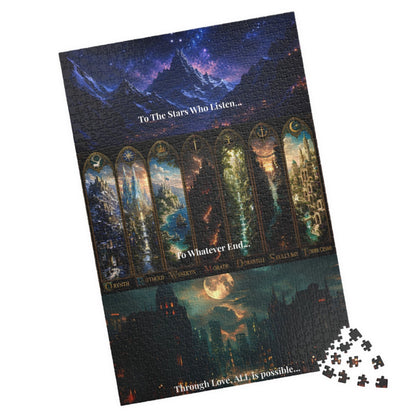 A jigsaw puzzle package shown at an angle on a white background, with several loose puzzle pieces scattered in the lower right corner. The puzzle artwork features a dark fantasy night sky over a mountain range, glowing stained-glass windows, and a moonlit city scene.
