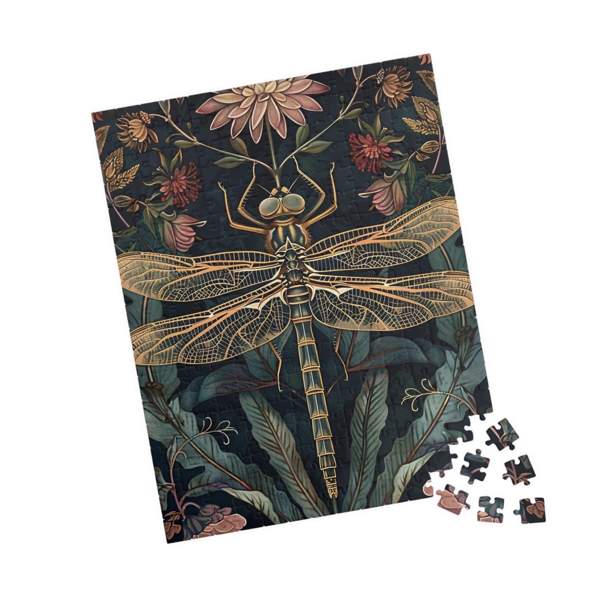 botanical illustration puzzle with dragonfly and flowers, calming art puzzle with floral dragonfly design, cottagecore botanical puzzle for relaxing hobby time