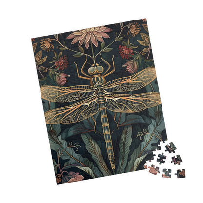 botanical illustration puzzle with dragonfly and flowers, calming art puzzle with floral dragonfly design, cottagecore botanical puzzle for relaxing hobby time