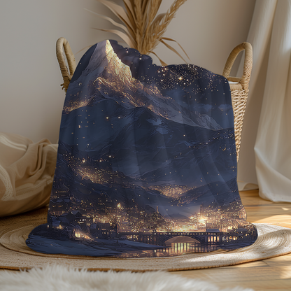 woman holding fantasy night sky blanket in warm living room, navy fleece blanket printed with golden mountain city lights