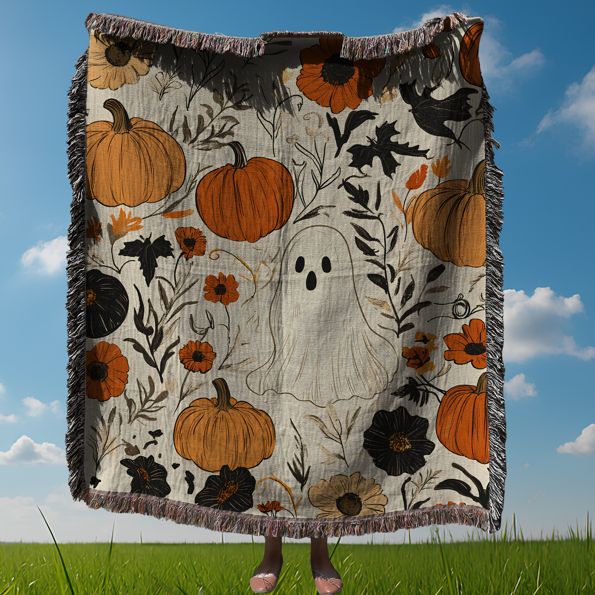Halloween Woven Blanket Ghost Pumpkin Floral Fall Throw Cozy Spooky Autumn Tapestry Home Decor Gift