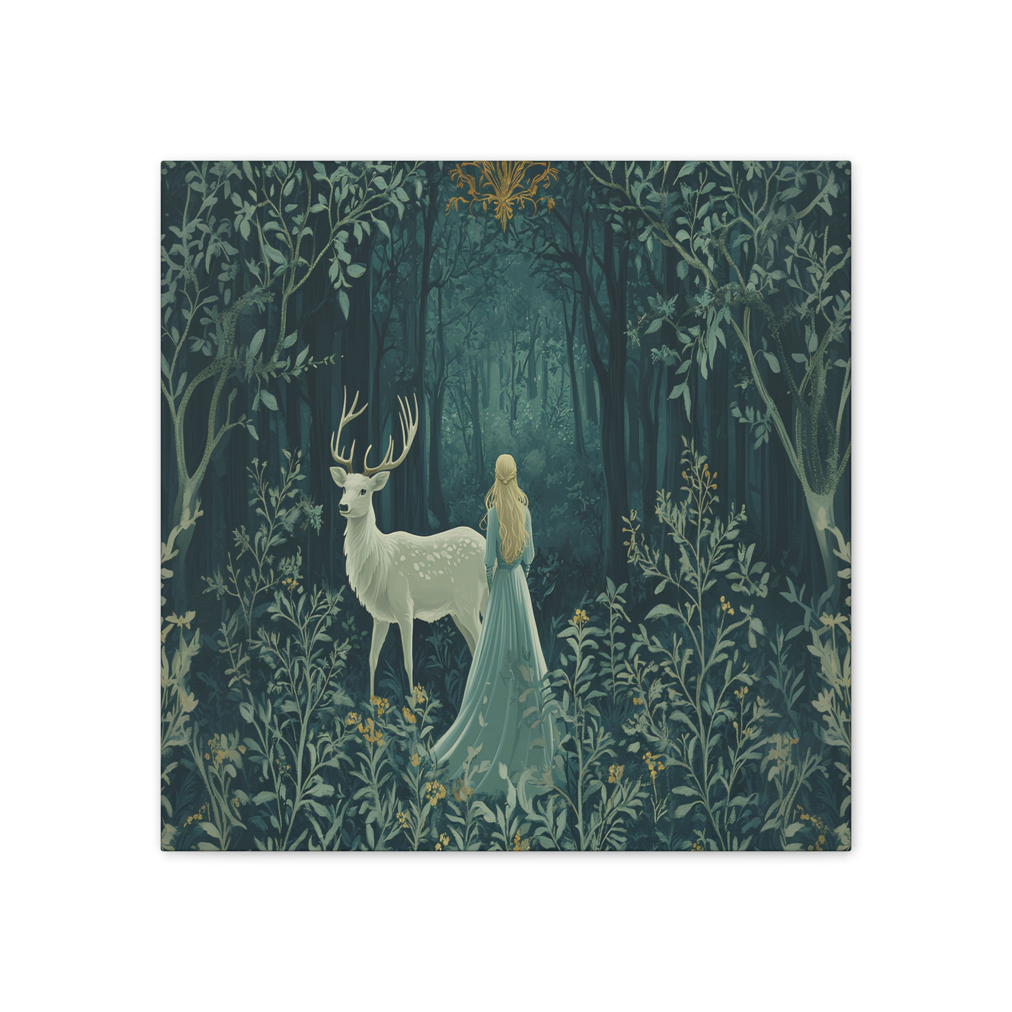 Enchanted Forest Stag & Maiden Canvas Wall Art Mystical Woodland Nature Lover Home Décor