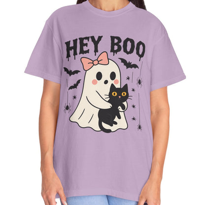 Hey Boo Ghost Shirt with Cat | Cute Halloween Tee for Women | Pastel Spooky Season Fall T-Shirt