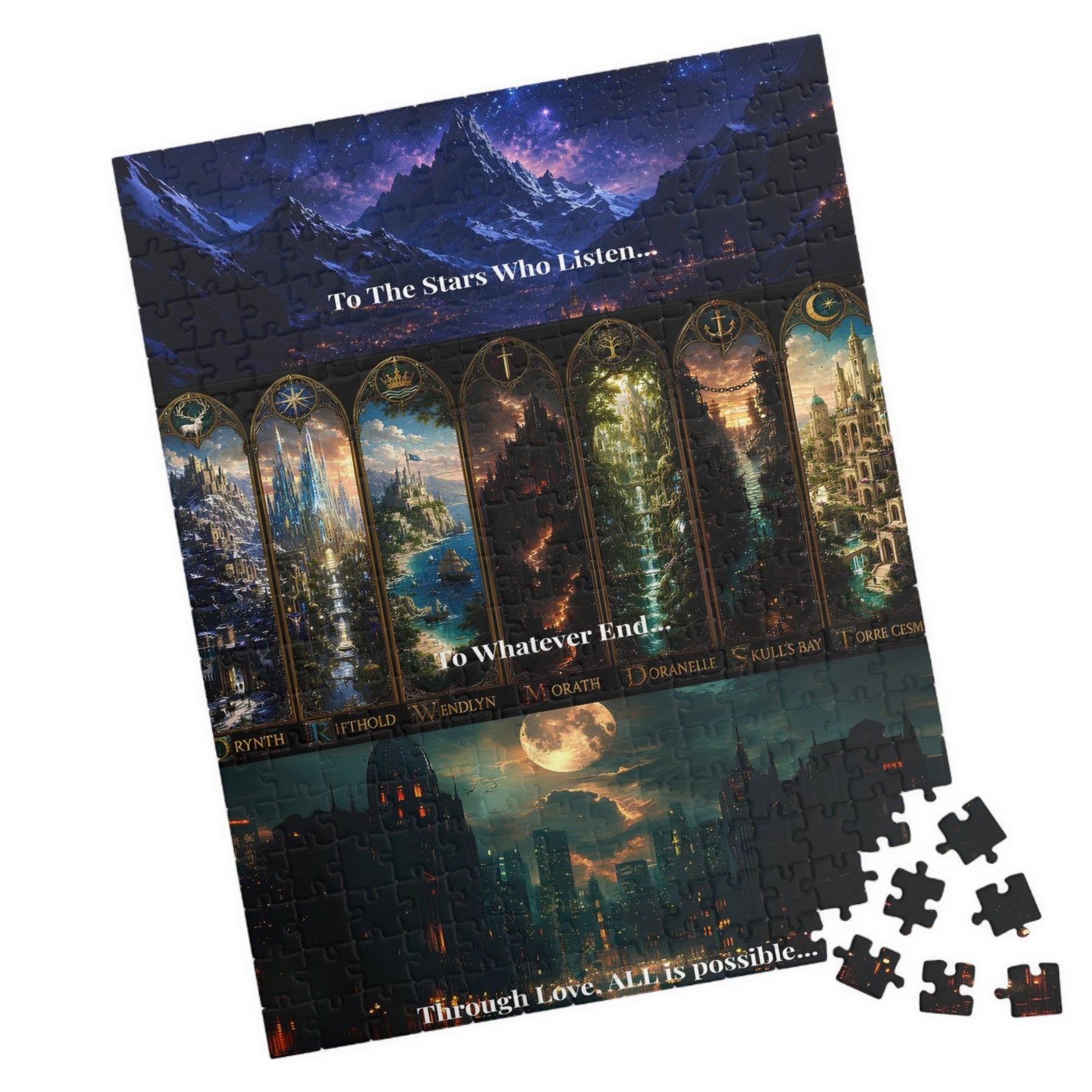 A completed and partially assembled jigsaw puzzle featuring fantasy artwork with seven arched windows, each showing a different scene, on a white background with several loose puzzle pieces beside it.