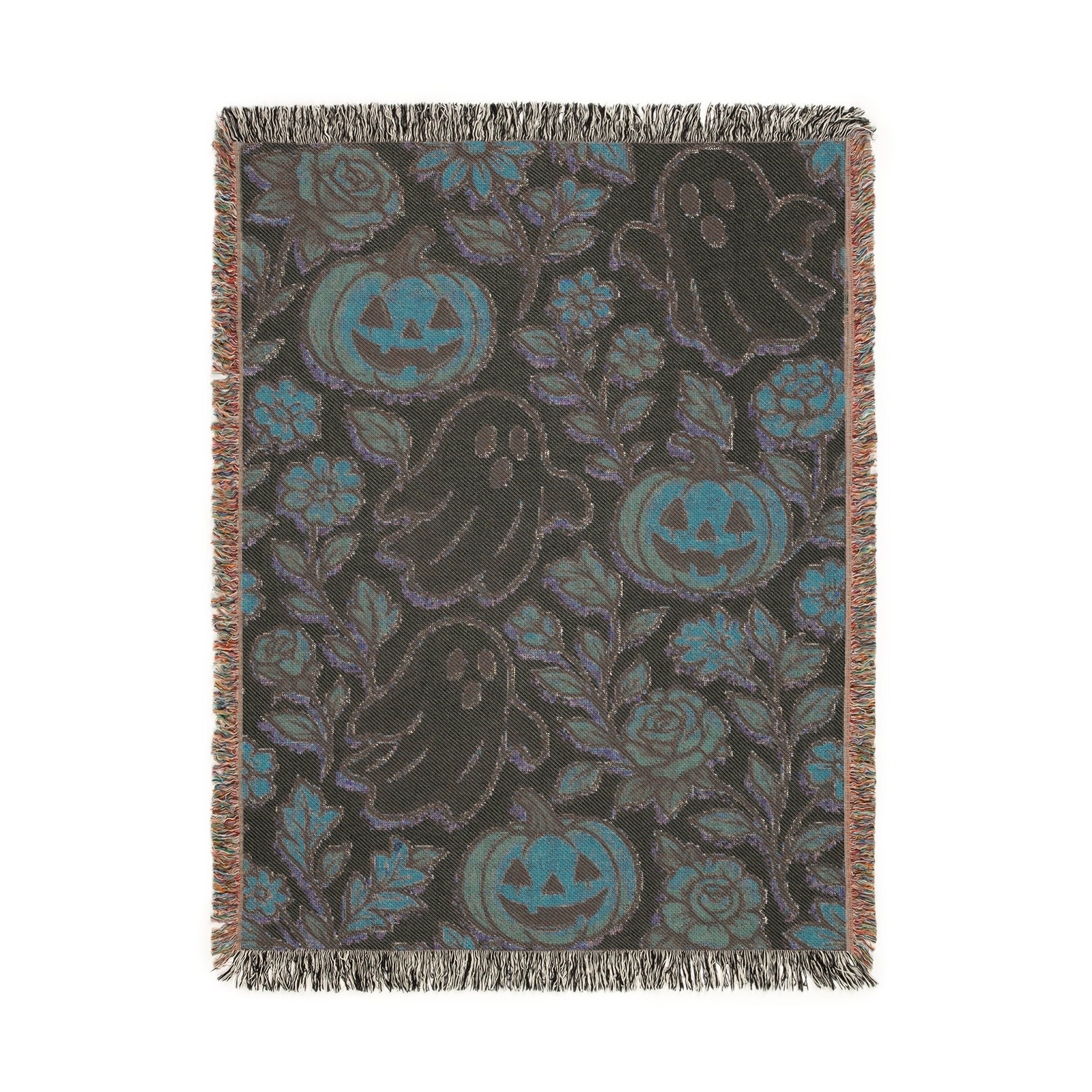 halloween woven cotton blanket with pumpkin and floral design, ghost halloween blanket with vintage aesthetic