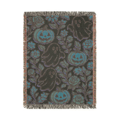 halloween woven cotton blanket with pumpkin and floral design, ghost halloween blanket with vintage aesthetic