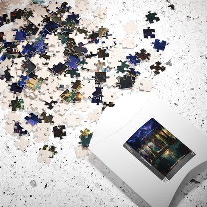 A white jigsaw puzzle box lies on a white speckled surface with many loose puzzle pieces scattered across it. The visible puzzle piece artwork shows a dark fantasy landscape with blue, green, and black tones.