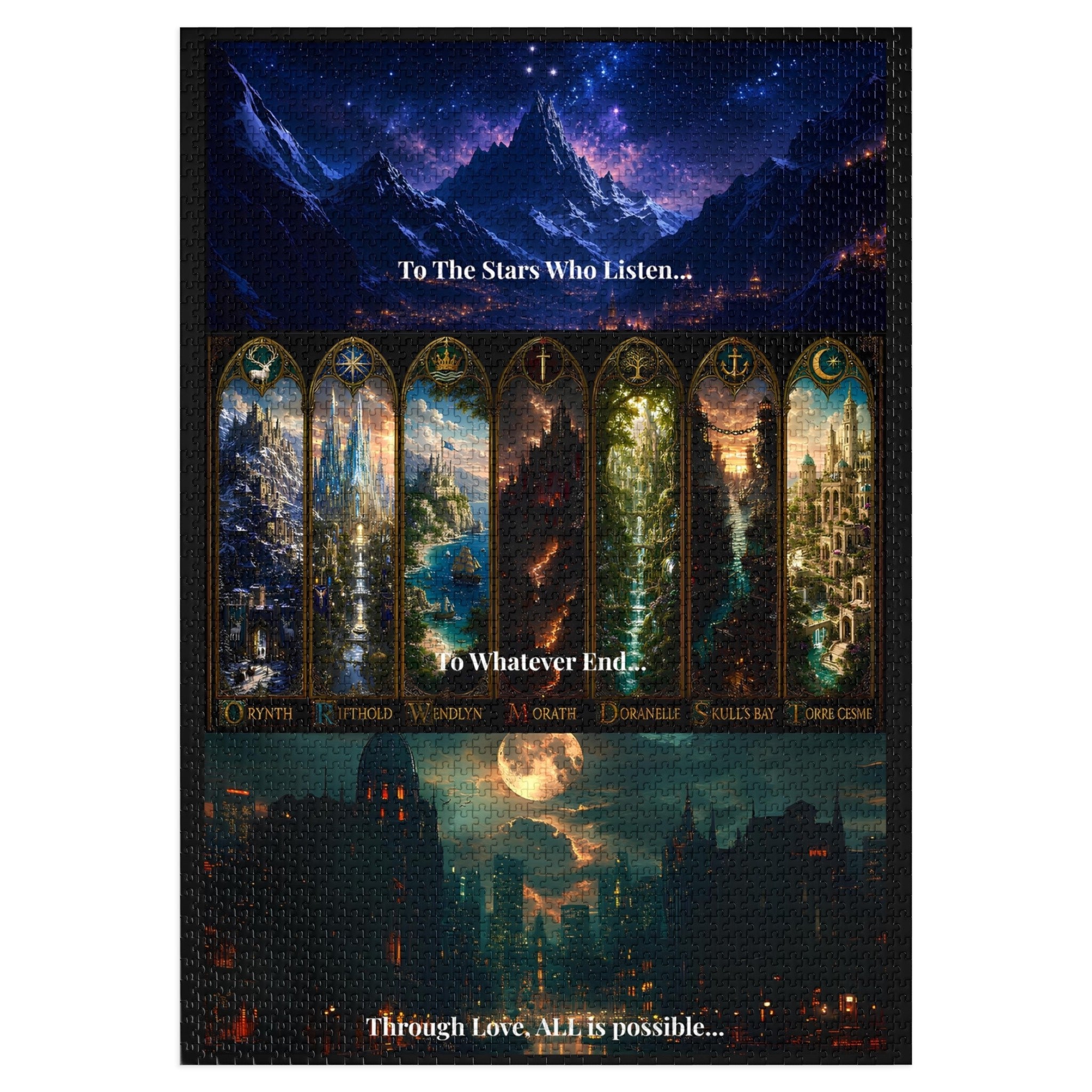 A rectangular printed card or poster featuring fantasy artwork and six vertical labeled panels. The design shows dark cosmic landscapes, glowing moonlight, and ornate golden-framed sections with text including 'To The Stars Who Listen.
