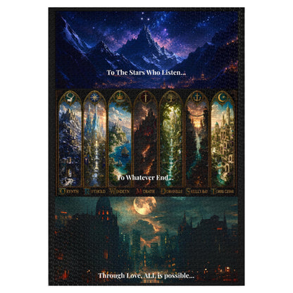 A rectangular printed card or poster featuring fantasy artwork and six vertical labeled panels. The design shows dark cosmic landscapes, glowing moonlight, and ornate golden-framed sections with text including 'To The Stars Who Listen.