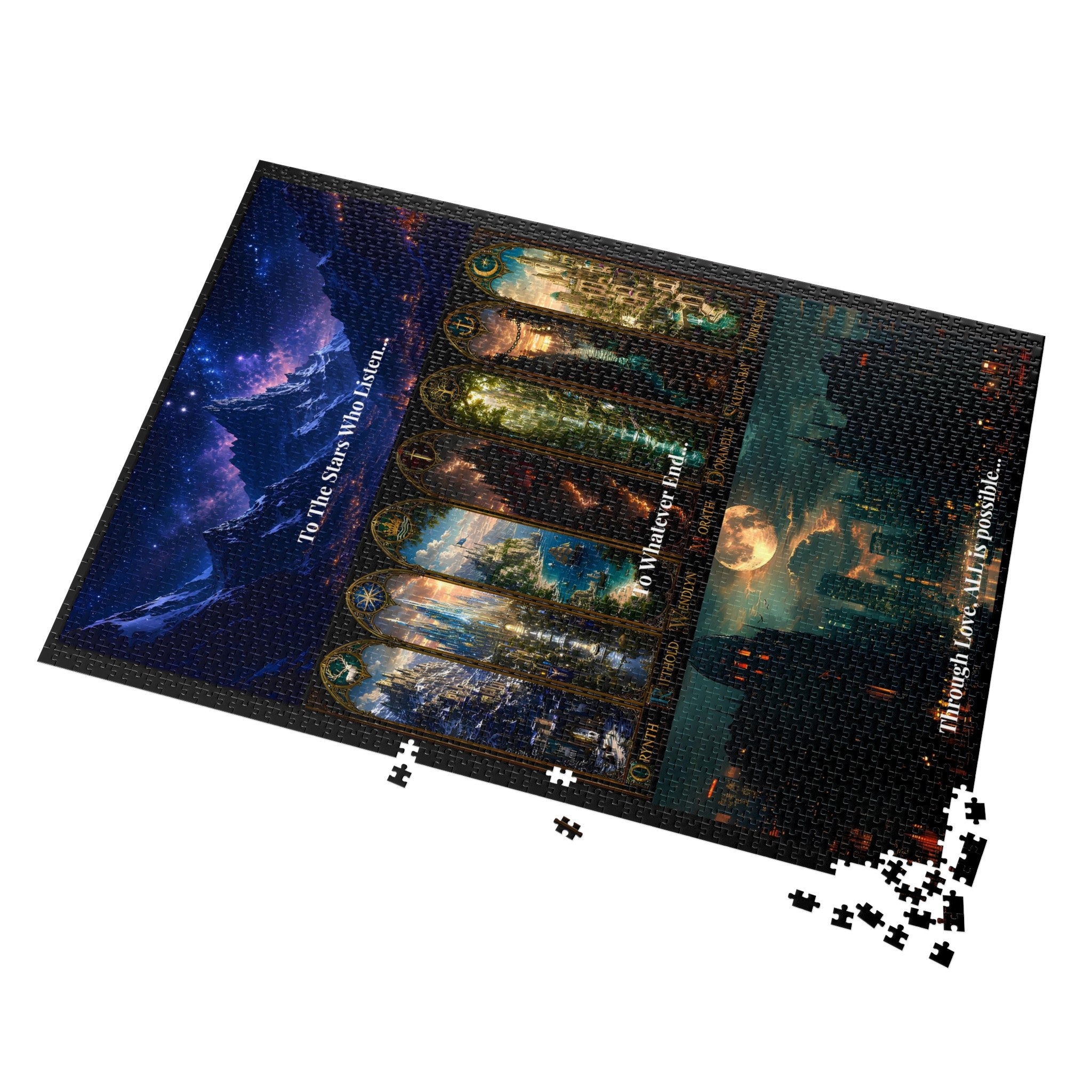 A completed jigsaw puzzle with loose puzzle pieces scattered at the bottom, shown on a plain white background. The puzzle features fantasy artwork with glowing arches and text reading 'To The One Who Wills.