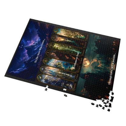 A completed jigsaw puzzle with loose puzzle pieces scattered at the bottom, shown on a plain white background. The puzzle features fantasy artwork with glowing arches and text reading 'To The One Who Wills.