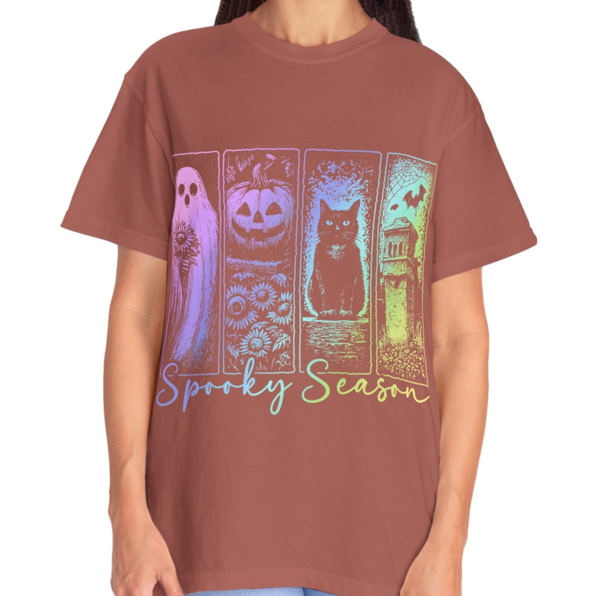 Spooky Season Halloween Shirt for Women Ghost Cat Pumpkin Tee – Cute Fall Aesthetic Witchy Graphic T-Shirt