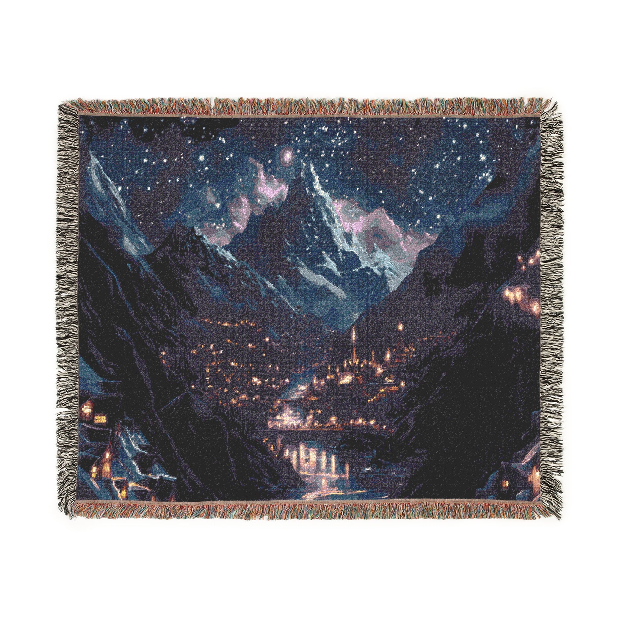 Woven tapestry throw with mountain galaxy night sky design for ACOTAR décor