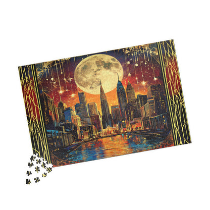 Midnight City Skyline Jigsaw Puzzle – Art Deco New York Puzzle Gift for Adults, Moonlit Wall Decor