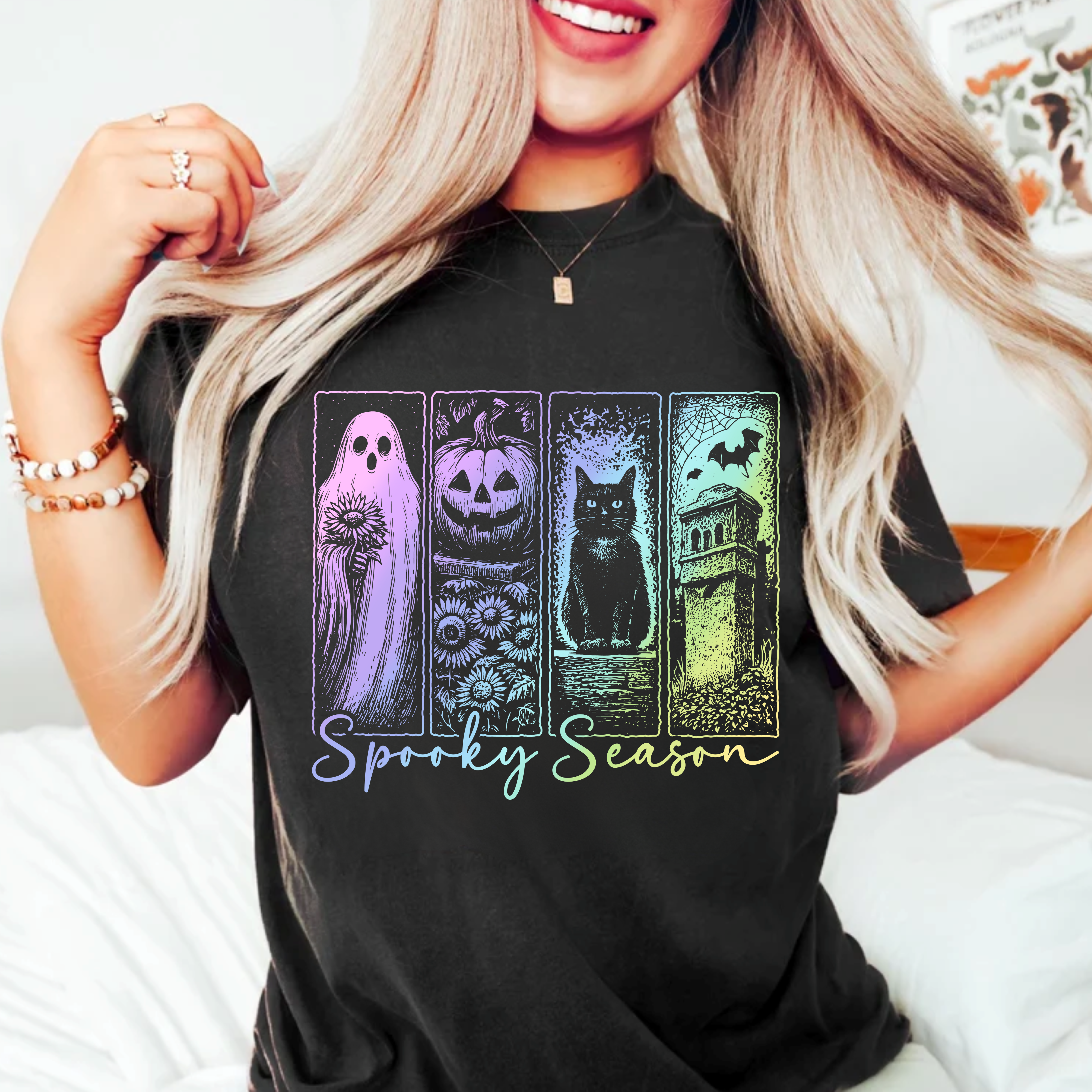 Spooky Season Halloween Shirt for Women Ghost Cat Pumpkin Tee – Cute Fall Aesthetic Witchy Graphic T-Shirt