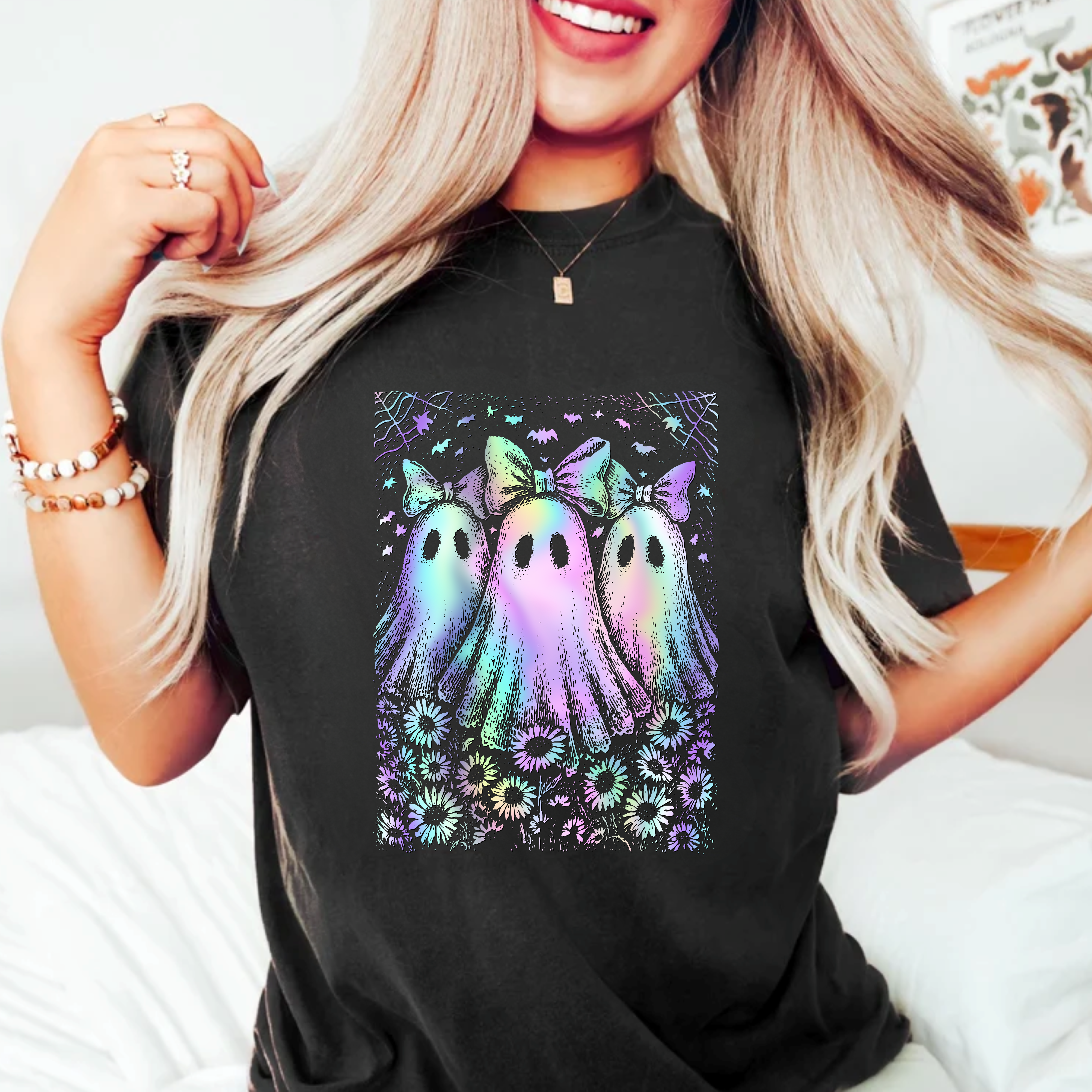 Pastel Rainbow Ghost Halloween Shirt for Women – Cute Spooky Season Tee with Bows & Floral Aesthetic