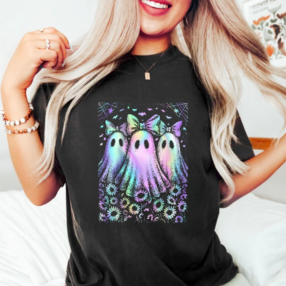 Pastel Rainbow Ghost Halloween Shirt for Women – Cute Spooky Season Tee with Bows & Floral Aesthetic