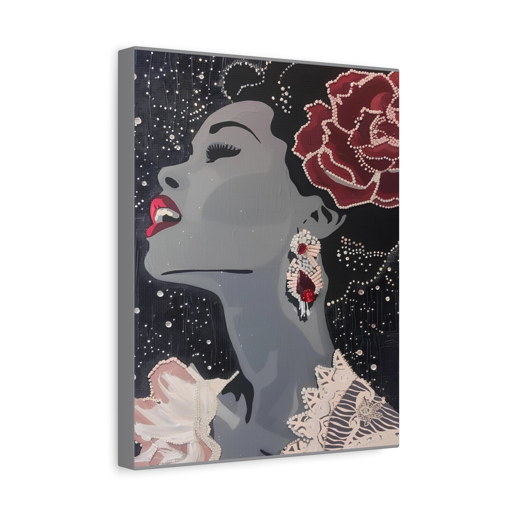 textured canvas print of legendary jazz vocalist with floral detail, music themed living room art with Harlem jazz aesthetic, elegant Black heritage portrait canvas with pearl embellishments