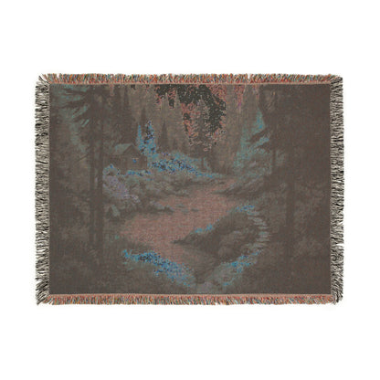 Cozy Cabin by the River Woven Blanket | Rustic Autumn Mountain Landscape Tapestry Throw