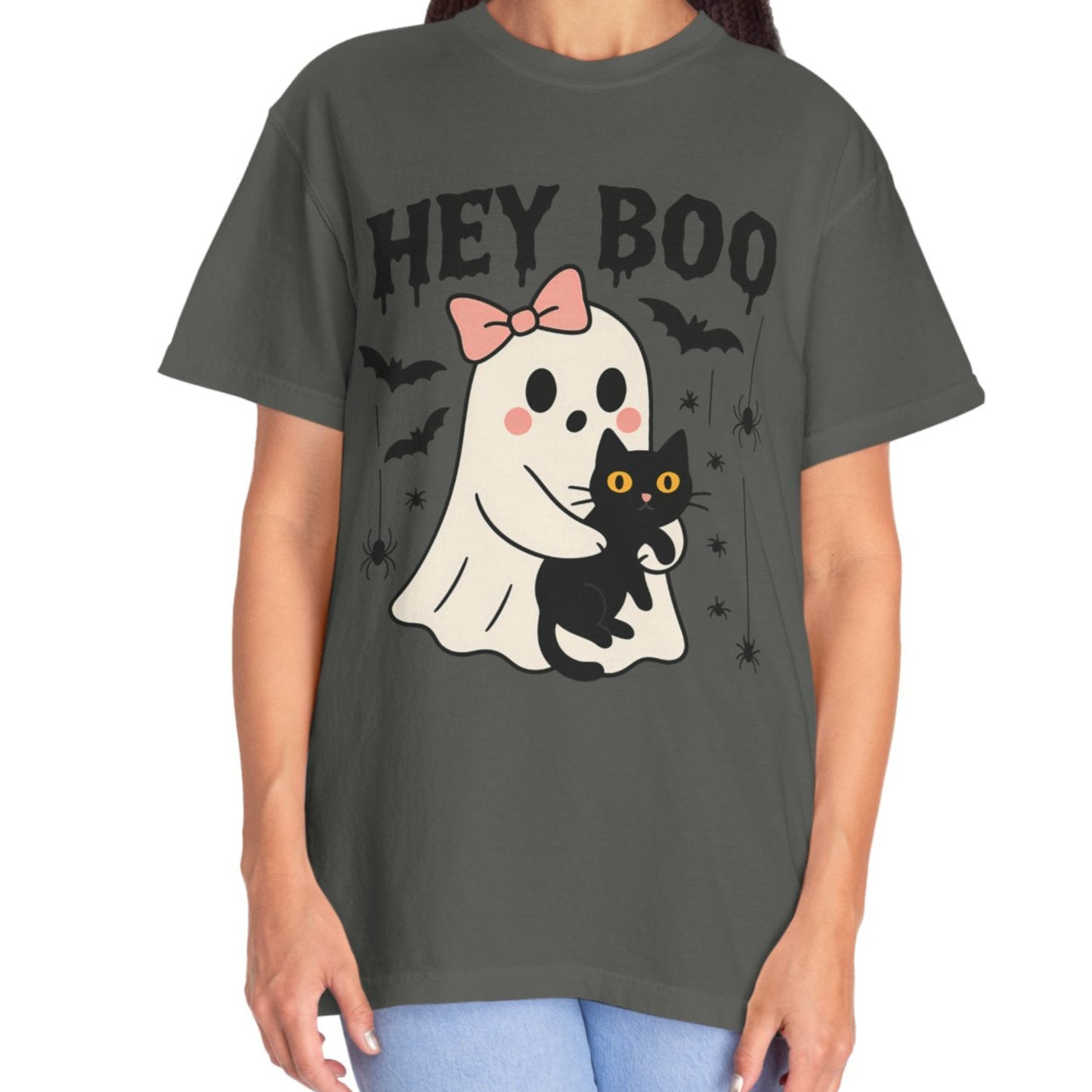 Hey Boo Ghost Shirt with Cat | Cute Halloween Tee for Women | Pastel Spooky Season Fall T-Shirt