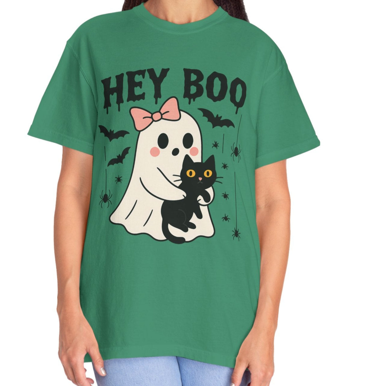 Hey Boo Ghost Shirt with Cat | Cute Halloween Tee for Women | Pastel Spooky Season Fall T-Shirt