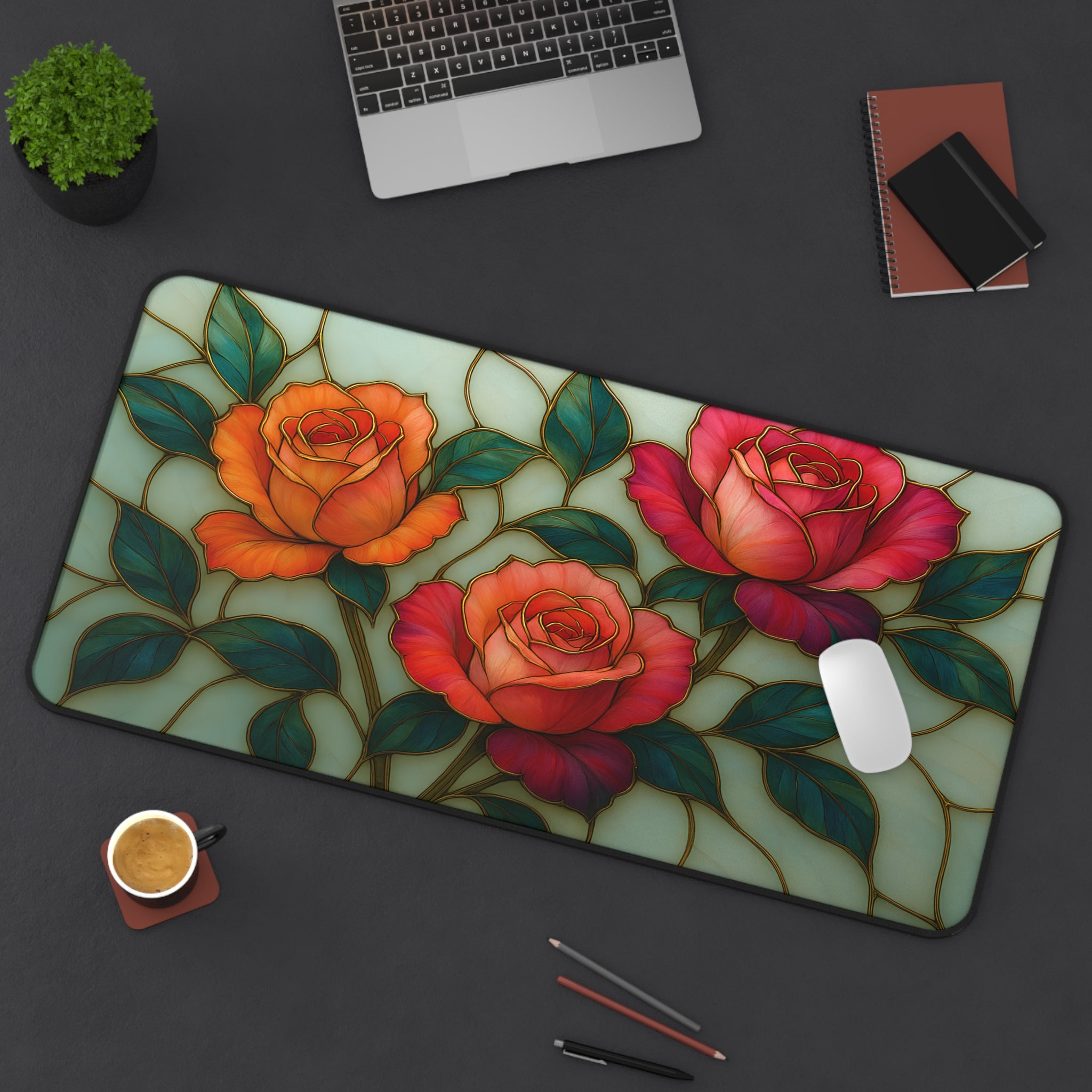 extra large wildflower gaming mousepad, bold stained glass floral desk mat design