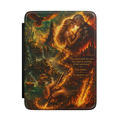 A tablet case featuring a detailed fantasy illustration with a glowing woman, a man in armor, a fiery landscape, a bird, and a hand holding a sword. The case is shown on a plain white background.