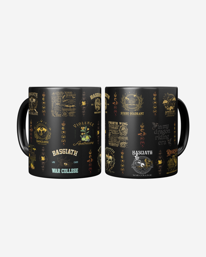 book lover mug photographed in warm lighting, fantasy-themed ceramic coffee cup, aesthetic romantasy mug for fantasy fans