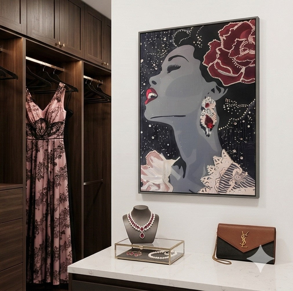 Billie Holiday profile canvas with red rose and pearl accents on dark background, Afrocentric jazz portrait wall art gallery wrapped on wood frame, close up of Billie Holiday inspired canvas with crimson lips and textured pearls,