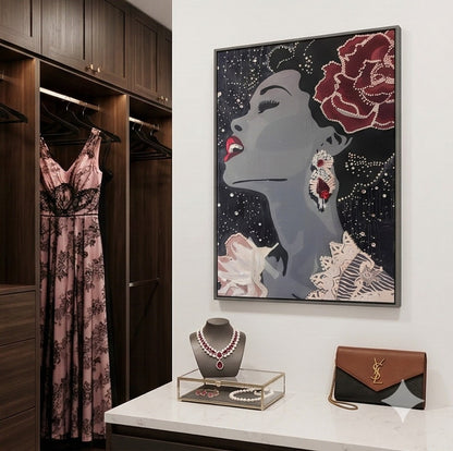 Billie Holiday profile canvas with red rose and pearl accents on dark background, Afrocentric jazz portrait wall art gallery wrapped on wood frame, close up of Billie Holiday inspired canvas with crimson lips and textured pearls,