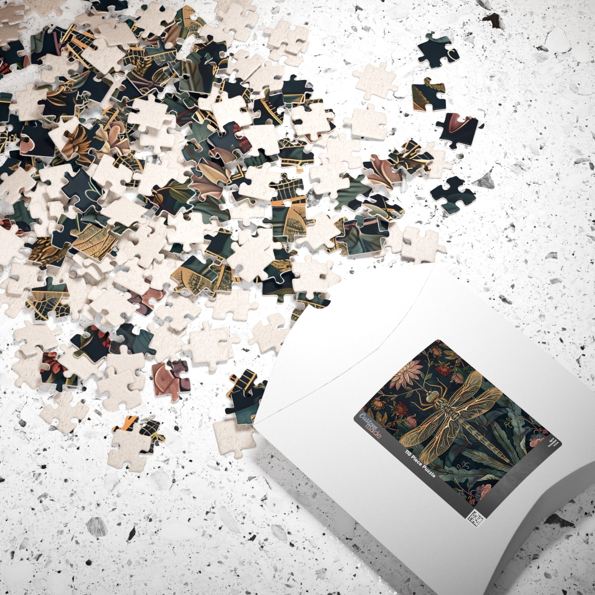 dult floral jigsaw puzzle with dark background art, decorative dragonfly puzzle for cottagecore home decor, botanical dragonfly puzzle with antique art style