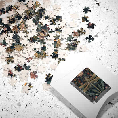 dult floral jigsaw puzzle with dark background art, decorative dragonfly puzzle for cottagecore home decor, botanical dragonfly puzzle with antique art style