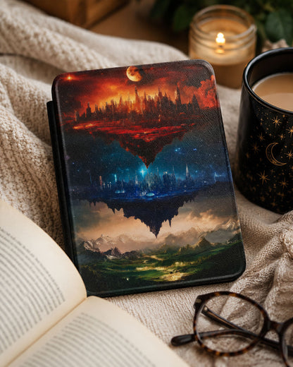 Flat lay of Kindle case interior showing fabric lining and magnetic front lid, Maasverse, ACOTAR, Throne of Glass, Crescent City