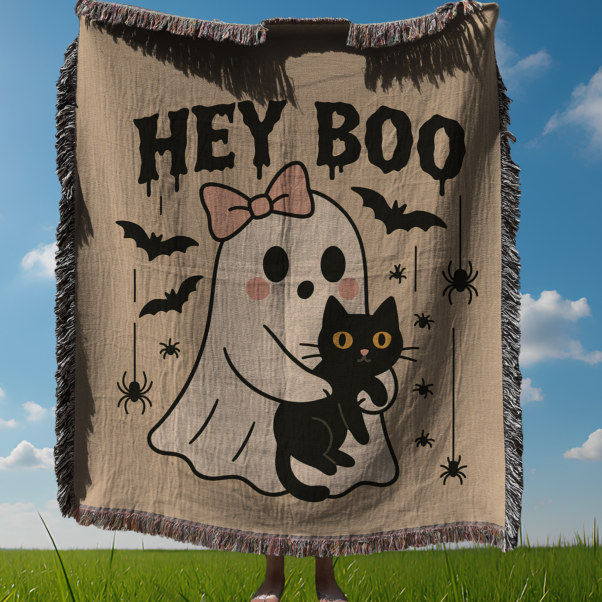 Hey Boo Halloween Woven Blanket Cute Ghost Black Cat Spooky Fall Throw | Cozy Cottagecore Decor