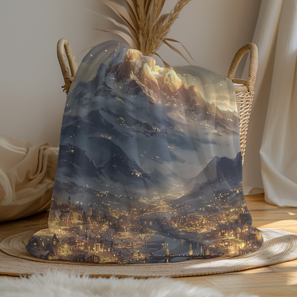 soft fleece blanket with enchanted city and celestial glow,
star-filled fantasy landscape printed on cozy throw blanket,