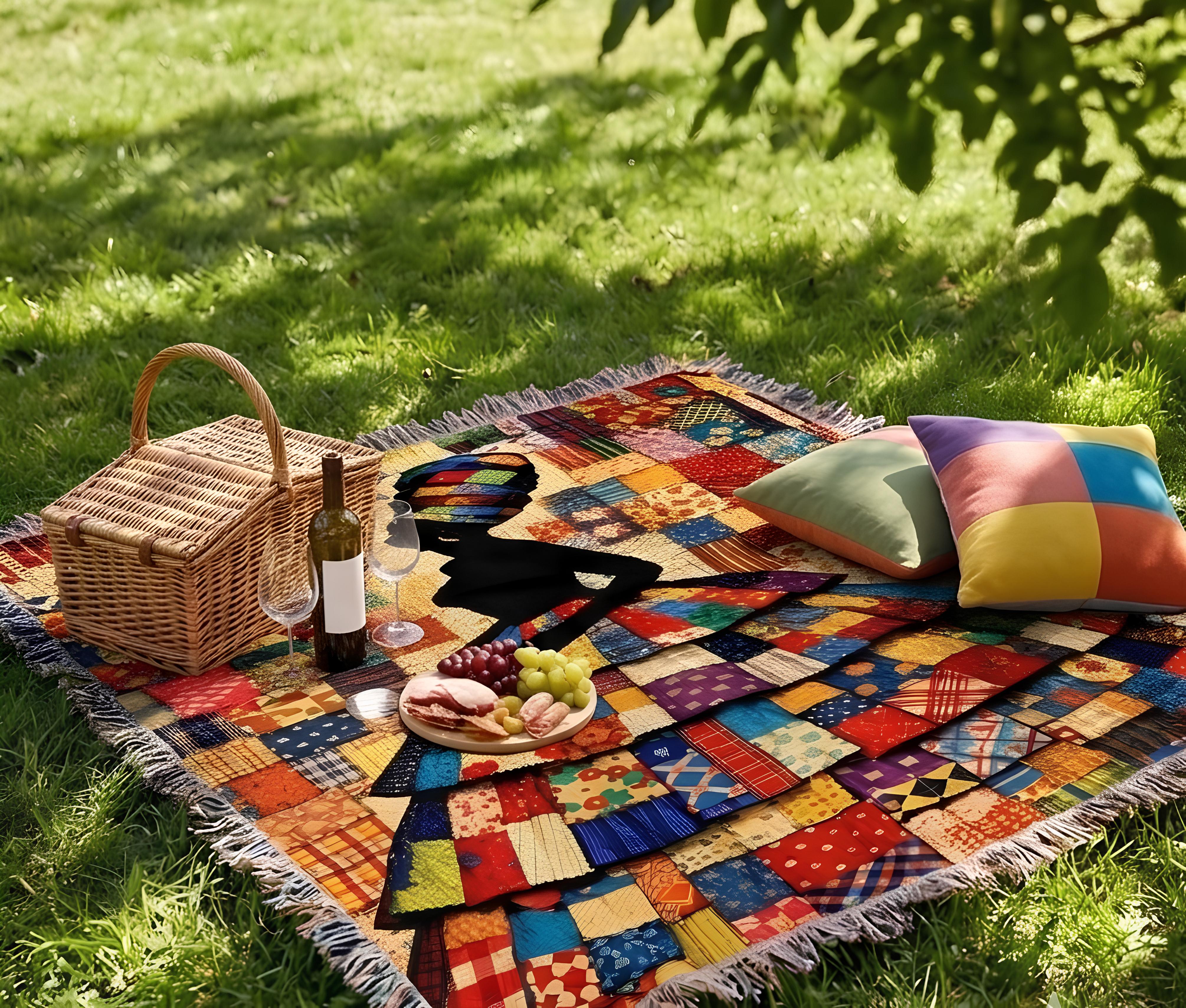 woven cotton heirloom blanket with afrocentric queen art, oversized tapestry throw with layered patchwork dress design, decorative woven blanket for jewel tone living room decor