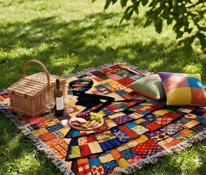 woven cotton heirloom blanket with afrocentric queen art, oversized tapestry throw with layered patchwork dress design, decorative woven blanket for jewel tone living room decor